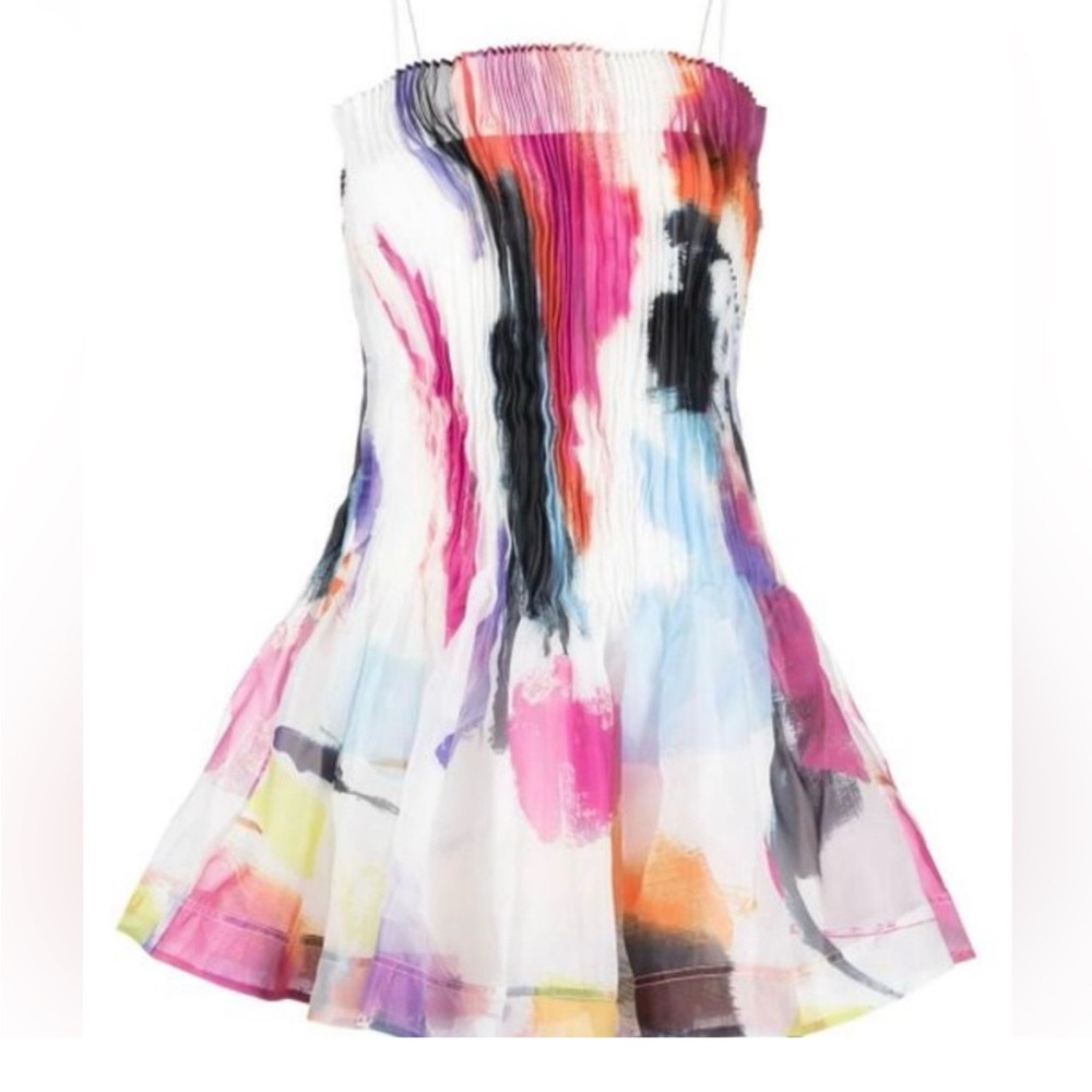 Aje “Celestial Pleate” Abstract Colorful Strapless Dress